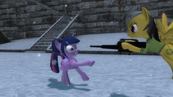 Size: 1280x720 | Tagged: safe, artist:scootabounce12-mlp, daring do, sci-twi, twilight sparkle, alicorn, pony, g4, 3d, gmod, sci-twilicorn, twilight sparkle (alicorn), weapon