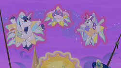 Size: 1920x1080 | Tagged: safe, screencap, night light, princess flurry heart, shining armor, twilight velvet, alicorn, pony, g4, once upon a zeppelin, airship, catasterism, clothes, costume, cute, father and daughter, father and son, female, flurrybetes, grandfather and grandchild, grandmother and grandchild, husband and wife, levitation, magic, majestic as fuck, male, mother and son, northern star costume, self-levitation, ship:nightvelvet, star costume, telekinesis, zeppelin