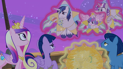 Size: 1920x1080 | Tagged: safe, screencap, night light, princess cadance, princess flurry heart, shining armor, twilight sparkle, twilight velvet, alicorn, pony, g4, once upon a zeppelin, airship, aunt and niece, brother and sister, catasterism, clothes, costume, family, father and daughter, father and son, female, grandfather and grandchild, grandmother and grandchild, husband and wife, male, mother and daughter, mother and son, northern star costume, sisters-in-law, star costume, twilight sparkle (alicorn), zeppelin