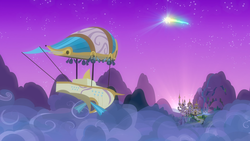 Size: 1920x1080 | Tagged: safe, screencap, g4, once upon a zeppelin, airship, canterlot, cloud, night, no pony, northern stars, scenery, shooting star, speaker, zeppelin