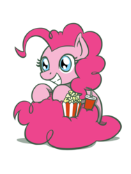 Size: 1350x1800 | Tagged: safe, artist:flutterluv, pinkie pie, earth pony, pony, g4, cup, cute, diapinkes, female, food, grin, mare, pinkie pie day, popcorn, simple background, sitting, smiling, soda, solo, straw, transparent background