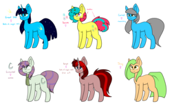 Size: 3001x1900 | Tagged: safe, artist:despotshy, oc, oc only, oc:benya, oc:cursed, oc:enchanted, oc:errant star, oc:juicy, oc:salute, earth pony, pony, unicorn, adoptable, clothes, female, mare, scarf, simple background, transparent background