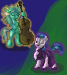 Size: 4500x5000 | Tagged: safe, artist:stink111, dj pon-3, lyra heartstrings, vinyl scratch, pony, g4, absurd resolution, butt, cello, clothes, crying, dress, magic, musical instrument, one eye closed, plot, shoes, wink