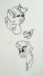 Size: 1836x3264 | Tagged: safe, artist:binkyt11, derpibooru exclusive, raspberry sorbet, star tracker, pony, g4, once upon a zeppelin, bust, female, grin, lanyard, lip bite, male, mare, monochrome, portrait, smiling, stallion, that was fast, traditional art, wavy mouth