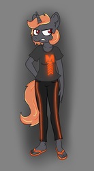 Size: 1253x2263 | Tagged: safe, artist:monokron, oc, oc only, oc:incendia, unicorn, anthro, plantigrade anthro, anthro oc, clothes, ear fluff, female, flip-flops, frown, glowing, gritted teeth, hand on hip, mare, sandals, shirt, solo, standing