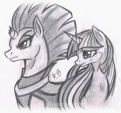 Size: 1652x1540 | Tagged: safe, artist:rossmaniteanzu, tempest shadow, twilight sparkle, alicorn, pony, unicorn, g4, my little pony: the movie, broken horn, crying, duo, female, grayscale, horn, mare, monochrome, pencil drawing, simple background, traditional art, twilight sparkle (alicorn), white background