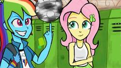 Size: 800x450 | Tagged: safe, artist:ickery, fluttershy, rainbow dash, equestria girls, g4, backpack, canterlot high, clothes, football, grin, lockers, multicolored hair, shirt, skirt, smiling, spinning, sports, tank top