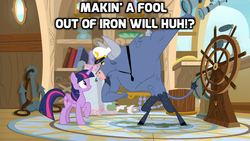 Size: 1024x576 | Tagged: safe, edit, edited screencap, screencap, iron will, twilight sparkle, alicorn, minotaur, pony, g4, once upon a zeppelin, captain hat, image macro, meme, twilight sparkle (alicorn)