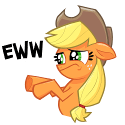 Size: 500x500 | Tagged: safe, artist:jublin, applejack, earth pony, pony, g4, my little pony: the movie, :p, animated, bipedal, cowboy hat, do not want, eww, facebook, facebook sticker, female, floppy ears, frown, gif, hat, hoof heart, juxtaposition bait, lidded eyes, mare, raised eyebrow, reaction image, silly, silly pony, simple background, solo, sticker, text, tongue out, underhoof, upside-down hoof heart, white background