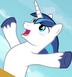 Size: 524x563 | Tagged: safe, screencap, shining armor, pony, g4, once upon a zeppelin, cropped, cute, happy, horn, male, pretending to fly, shining adorable, solo, unshorn fetlocks