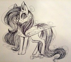 Size: 1024x899 | Tagged: safe, artist:ohsushime, fluttershy, pony, g4, female, monochrome, sketch, solo, tongue out, traditional art