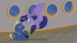 Size: 1920x1080 | Tagged: safe, screencap, star tracker, twilight sparkle, alicorn, earth pony, pony, g4, once upon a zeppelin, airship, angry, camera, duo, female, flying, freckles, injured, male, mare, prone, scared, short tail, stallion, tail hold, twilight sparkle (alicorn), zeppelin