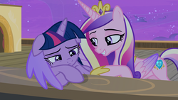 Size: 1920x1080 | Tagged: safe, screencap, princess cadance, twilight sparkle, alicorn, pony, g4, once upon a zeppelin, airship, colored wings, duo, floppy ears, folded wings, hug, sisters-in-law, twilight sparkle (alicorn), winghug, wings, zeppelin