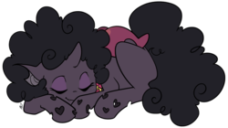 Size: 1165x653 | Tagged: safe, artist:egophiliac, oc, oc only, oc:dazzling flash, changeling, changeling oc, collar, curly mane, curly tail, eyes closed, fangs, heart shaped holes, lying down, prone, purple changeling, simple background, sleeping, smiling, solo, tail, transparent background