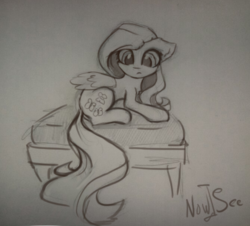 Size: 869x787 | Tagged: safe, artist:inowiseei, fluttershy, pony, g4, female, mare, monochrome, ottoman (furniture), signature, simple background, sketch, solo, traditional art