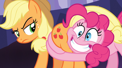 Size: 1920x1080 | Tagged: safe, screencap, applejack, pinkie pie, earth pony, pony, g4, season 7, shadow play, applebutt, applejack is not amused, butt touch, butthug, context is for the weak, cowboy hat, faceful of ass, faic, female, fetish fuel, hat, hug, lidded eyes, looking back, mare, out of context, personal space invasion, pinkie hugging applejack's butt, raised eyebrow, squishy, stetson, unamused, you know for kids