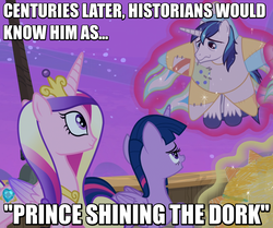 Size: 850x709 | Tagged: safe, edit, edited screencap, screencap, princess cadance, shining armor, twilight sparkle, alicorn, pony, g4, once upon a zeppelin, brother and sister, catasterism, clothes, costume, cute, female, husband and wife, image macro, male, meme, northern star costume, pun, shining adorable, sisters-in-law, star costume, twilight sparkle (alicorn)