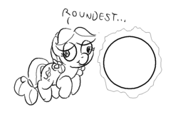 Size: 878x576 | Tagged: safe, artist:heretichesh, kettle corn, earth pony, pony, g4, marks and recreation, circle, circles, derp, female, filly, grayscale, monochrome, simple background, solo, that pony sure does love circles, white background
