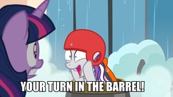 Size: 960x540 | Tagged: safe, edit, edited screencap, screencap, twilight sparkle, twilight velvet, alicorn, pony, g4, once upon a zeppelin, barrel, duo, helmet, image macro, lifejacket, meme, neighagra falls, text, twilight sparkle (alicorn)