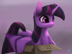 Size: 1352x1012 | Tagged: dead source, safe, artist:noctilucent-arts, twilight sparkle, alicorn, pony, g4, :p, behaving like a cat, box, cheek fluff, chest fluff, colored wings, colored wingtips, cute, ear fluff, female, fluffy, gradient background, gray background, mare, neck fluff, pony in a box, prone, shoulder fluff, simple background, solo, spread wings, thinking, tongue out, twilight sparkle (alicorn), weapons-grade cute, wing fluff, wings