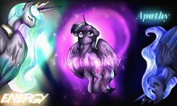 Size: 3088x1846 | Tagged: safe, artist:not-ordinary-pony, princess celestia, princess luna, twilight sparkle, alicorn, pony, royal sketchbook, g4, female, mare, trio, twilight sparkle (alicorn)