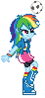 Size: 92x198 | Tagged: safe, artist:botchan-mlp, rainbow dash, equestria girls, equestria girls (movie), g4, animated, boots, clothes, compression shorts, cute, desktop ponies, female, football, gif, juggling, pixel art, rainbow socks, shoes, simple background, skirt, socks, solo, sports, sprite, striped socks, transparent background