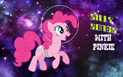 Size: 1292x811 | Tagged: safe, artist:ianpony98, edit, pinkie pie, earth pony, pony, g4, asteroid cowboys, female, helmet, silly songs, silly songs with pinkie, solo, space, title card, veggietales, zero gravity