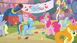 Size: 764x433 | Tagged: safe, screencap, berry punch, berryshine, carrot top, derpy hooves, golden harvest, linky, pinkie pie, rainbow dash, shoeshine, g4, secrets and pies, animated, birthaversary, eat my pie, female, food, gif, pie