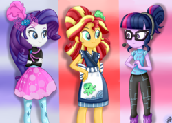 Size: 2100x1500 | Tagged: safe, artist:liniitadash23, rarity, sci-twi, sunset shimmer, twilight sparkle, equestria girls, g4, good vibes, my little pony equestria girls: summertime shorts, apron, barrette, clothes, dress, glasses, hairclip, hairpin, happi, headset, leg warmers, pants, show accurate, skirt, standing, sunset sushi, sweater, toy interpretation, turtleneck, uniform