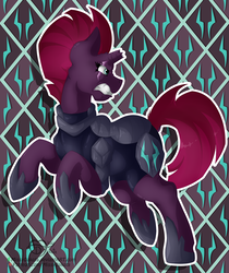 Size: 1073x1280 | Tagged: safe, artist:missydakota, tempest shadow, pony, unicorn, g4, my little pony: the movie, armor, broken horn, cutie mark background, female, horn, mare, rearing, solo, tiled background
