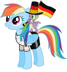 Size: 827x900 | Tagged: safe, rainbow dash, spike, dragon, pegasus, pony, g4, female, flag, football, germany, hat, holding a flag, mare, musical instrument, simple background, sports, top hat, transparent background, vector, vuvuzela