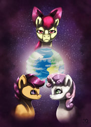 Size: 1024x1420 | Tagged: safe, artist:xaneas, apple bloom, scootaloo, sweetie belle, earth pony, pony, g4, cutie mark crusaders, looking at you, planet, stars, world
