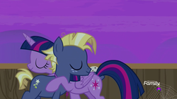 Size: 1920x1080 | Tagged: safe, screencap, star tracker, twilight sparkle, alicorn, pony, g4, once upon a zeppelin, eyes closed, food, hug, ice cream, night, twilight sparkle (alicorn)