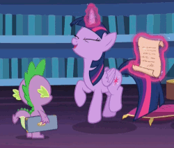 Size: 500x425 | Tagged: safe, screencap, spike, twilight sparkle, alicorn, dragon, pony, g4, once upon a zeppelin, adorkable, animated, cute, dork, excited, gif, happy, levitation, library, loop, magic, prancing, scroll, telekinesis, trotting, trotting in place, twiabetes, twilight sparkle (alicorn), twilight's castle