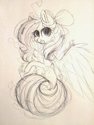 Size: 1024x1365 | Tagged: safe, artist:ohsushime, oc, oc only, pegasus, pony, bow, female, hair bow, mare, monochrome, sketch, solo