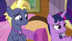 Size: 1920x1080 | Tagged: safe, screencap, star tracker, twilight sparkle, alicorn, pony, g4, my little pony: friendship is magic, once upon a zeppelin, bedroom eyes, duo, female, lidded eyes, male, mare, out of context, raised eyebrow, smiling, stallion, twilight sparkle (alicorn)