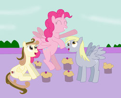 Size: 1024x833 | Tagged: safe, artist:04startycornonline88, derpy hooves, pinkie pie, oc, oc:marshmallow sandymall, alicorn, pegasus, pony, g4, alicornified, food, muffin, pinkiecorn, race swap, xk-class end-of-the-world scenario