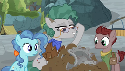 Size: 763x430 | Tagged: safe, screencap, dust brush, petunia paleo, professor fossil, earth pony, pony, g4, shadow play, clothes, colt, dirt, female, filly, foal, helmet, male, mare, neckerchief