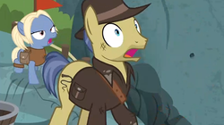 Size: 759x426 | Tagged: safe, screencap, gentiana, indiana pones, earth pony, pony, g4, shadow play, archaeologist, clothes, derp, fedora, female, filly, hat, indiana jones, jacket, male, shocked, stallion