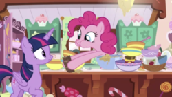 Size: 2208x1242 | Tagged: safe, screencap, pinkie pie, twilight sparkle, alicorn, pony, g4, secrets and pies, chocolate, food, twilight sparkle (alicorn)