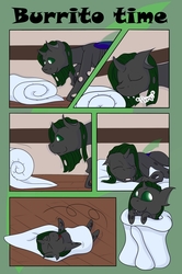 Size: 3264x4928 | Tagged: safe, artist:melodis, oc, oc only, changeling, blanket, blanket burrito, comic, cute, ych result