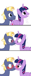 Size: 1000x2400 | Tagged: safe, artist:mightyshockwave, star tracker, twilight sparkle, alicorn, earth pony, pony, g4, once upon a zeppelin, accidental kiss, blushing, comic, eye contact, female, honorary incest, horse noises, kissing, looking at each other, male, mare, neigh, ship:twitracker, shipping, stallion, straight, twilight sparkle (alicorn)