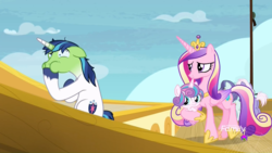 Size: 1366x768 | Tagged: safe, screencap, burning passion, lavender sunrise, princess cadance, princess flurry heart, shining armor, pony, g4, once upon a zeppelin, airsick, airsick armor, amused, green face, las pegasus resident, sick