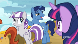 Size: 1366x768 | Tagged: safe, screencap, night light, paddleball (g4), twilight sparkle, twilight velvet, alicorn, pony, unicorn, g4, once upon a zeppelin, airship, bipedal, bipedal leaning, butt, couple, discovery family, discovery family logo, female, leaning, male, mare, plot, stallion, twilight sparkle (alicorn)