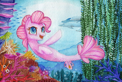 Size: 2195x1480 | Tagged: safe, artist:0okami-0ni, pinkie pie, earth pony, fish, seapony (g4), g4, my little pony: the movie, blue eyes, bubble, coral, cute, dorsal fin, female, fin, fish tail, flowing mane, flowing tail, looking at you, mare, ocean, open mouth, open smile, scales, seaponified, seapony pinkie pie, seaweed, smiling, solo, species swap, sunlight, swimming, tail, traditional art, underwater, water
