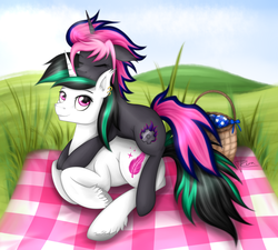 Size: 2000x1800 | Tagged: safe, artist:puggie, oc, oc only, oc:harmony strips, oc:sil feather, basket, cuddling, eyes closed, nature, picnic, picnic basket, picnic blanket, scenery