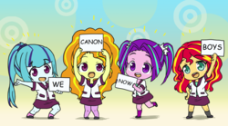 Size: 2362x1316 | Tagged: artist needed, safe, adagio dazzle, aria blaze, sonata dusk, sunset shimmer, equestria girls, g4, shadow play, abstract background, adoragio, ariabetes, canon, chibi, cute, shimmerbetes, sign, smiling, sonatabetes, that was fast, the dazzlings