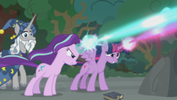 Size: 1920x1080 | Tagged: safe, screencap, star swirl the bearded, starlight glimmer, twilight sparkle, alicorn, pony, unicorn, g4, shadow play, blast, female, glowing horn, horn, magic, magic blast, male, mare, stallion, twilight sparkle (alicorn)