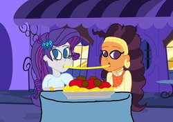 Size: 1061x753 | Tagged: safe, artist:ktd1993, rarity, saffron masala, equestria girls, g4, dinner, equestria girls-ified, female, food, lady and the tramp, lesbian, night, pasta, raffron, shipping, spaghetti