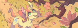 Size: 1453x522 | Tagged: safe, artist:klaffycloudy, oc, oc only, oc:sweetiepeach, pony, unicorn, blushing, flower, happy, looking up, open mouth, solo